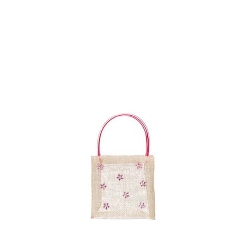 Petit sac couleur creme fleurs et poignees roses 10x10 cm