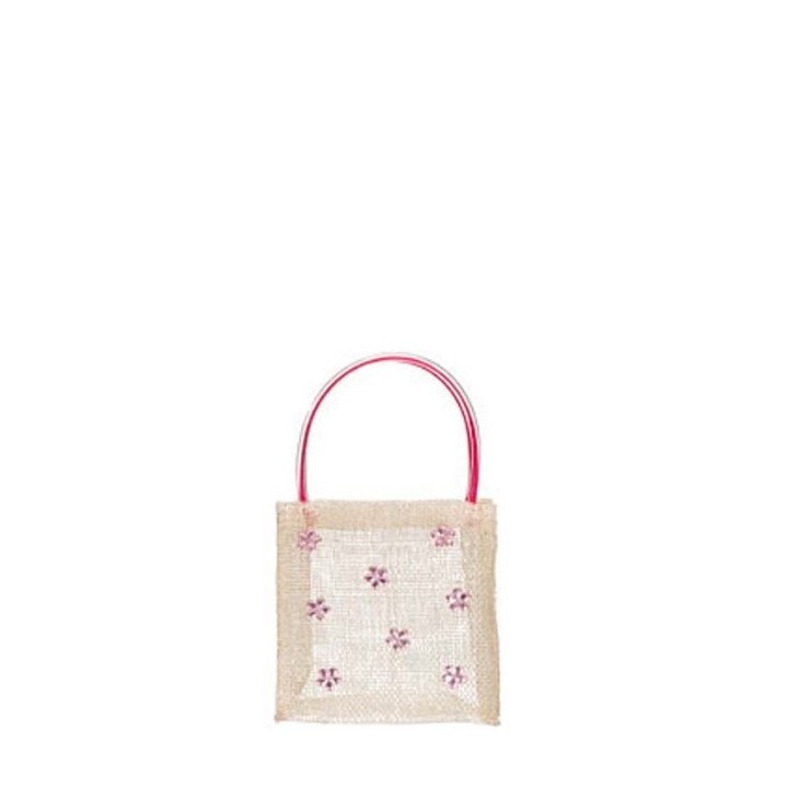 Borsina in abaca panna con fiori e manici rosa 10.5 cm