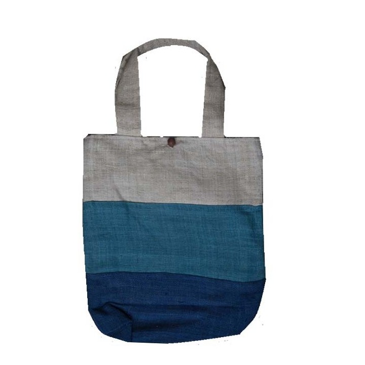 100% hemp bag with blue stripes with 100% silk lining 28.5x31 cm