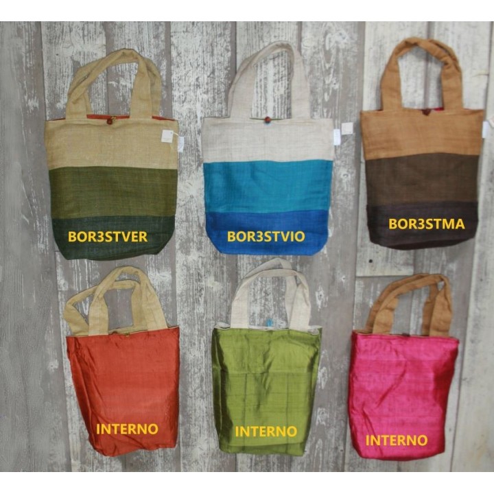 100% hemp bag with blue stripes with 100% silk lining 28.5x31 cm