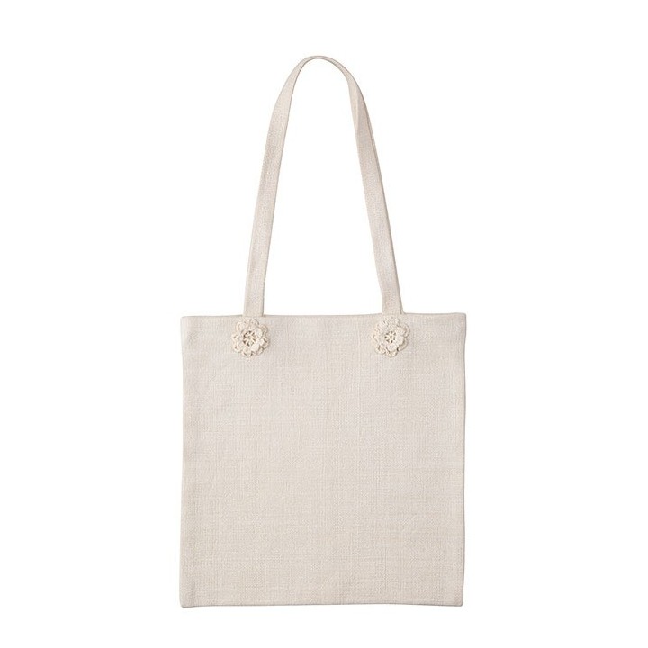 Borsa in juta panna 2 manici e 4 fiori a uncinetto 32 x 33 cm