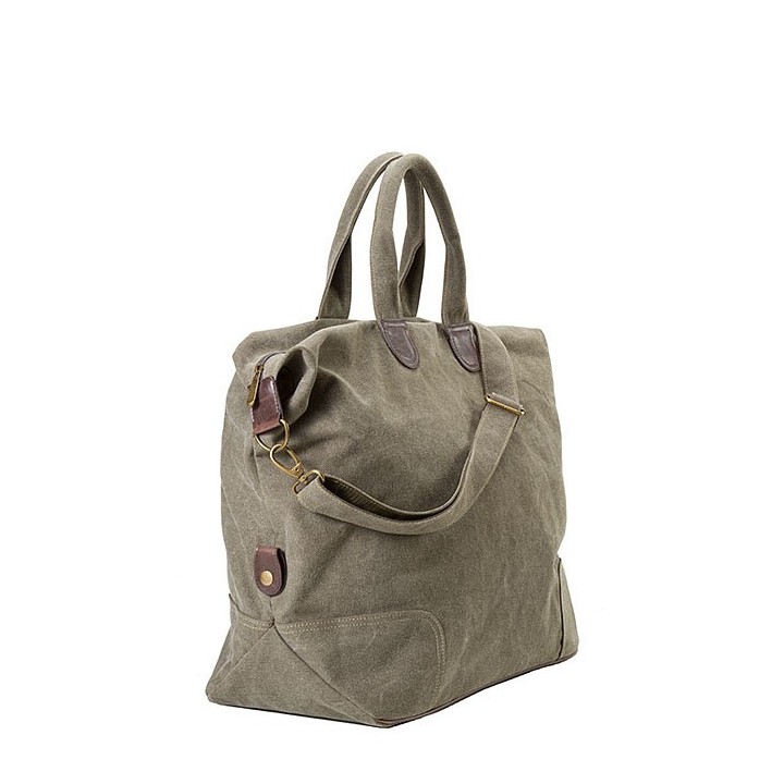 Borsone da viaggio cotone e cuoio verde oliva 22 x 44 h62 cm