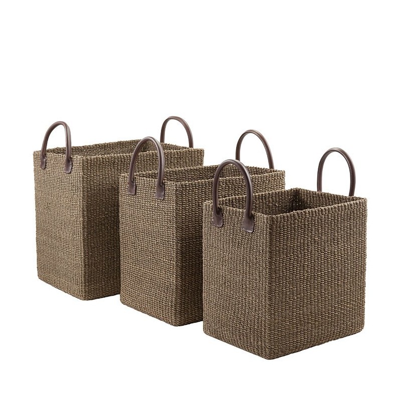 Set 3 cesti in abaca lino con manici in cuoio 40 x 50 h48 cm