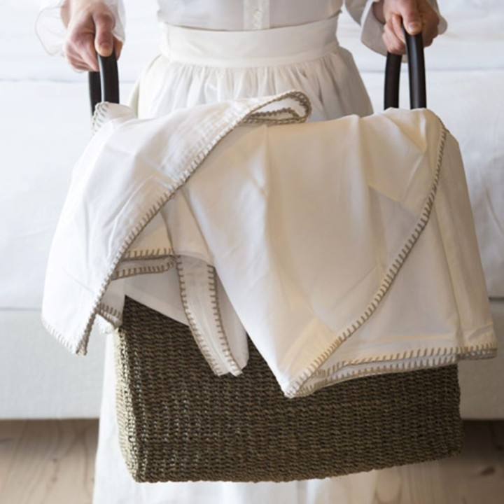 Set of 3 abaca baskets linen color with leather handles 42 x 32 h39 cm