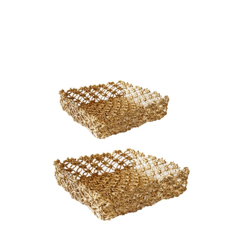 Set 2 porte-serviettes macrame en filet d'abaca couleur or 16x16 cm