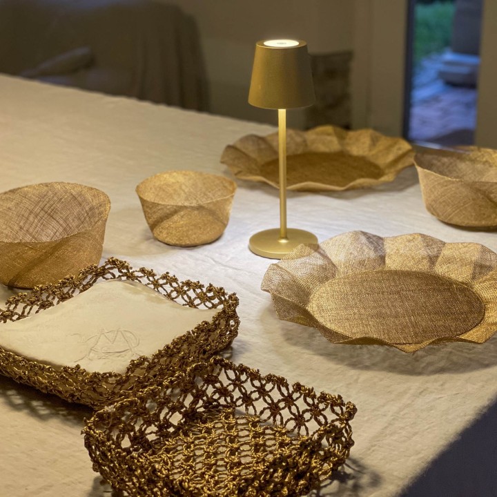 Set 2 macrame gold abaca napkin holders 16 x 16 cm