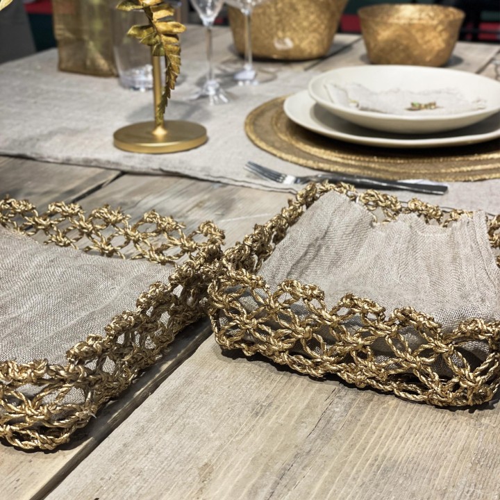 Set 2 porte-serviettes macrame en filet d'abaca couleur or 16x16 cm