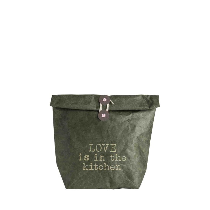 Sac thermique vert avec bouton "love is in the kitchen" 11 x 22 h40 cm
