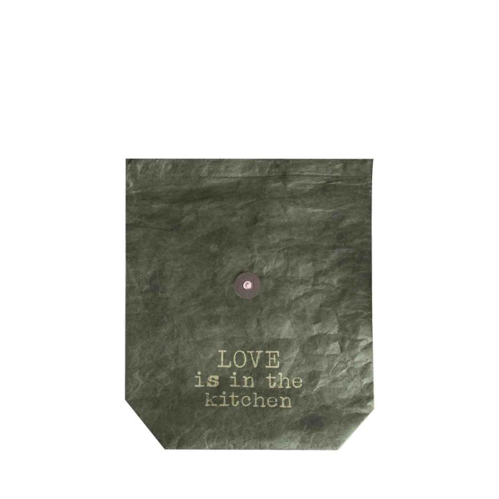 Sac thermique vert avec bouton "love is in the kitchen" 11 x 22 h40 cm