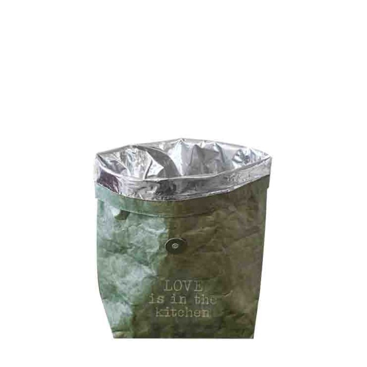 Sac thermique vert avec bouton "love is in the kitchen" 11 x 22 h40 cm