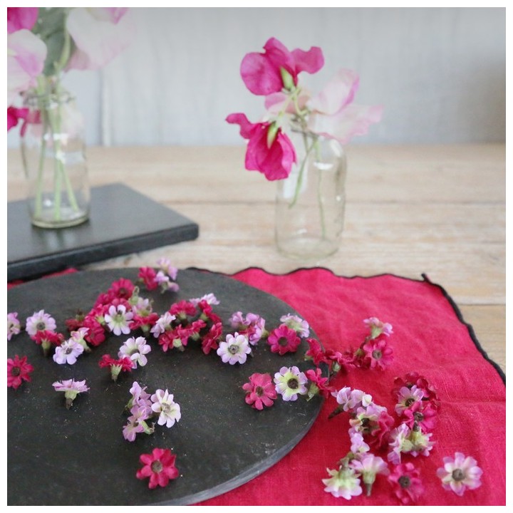 Boite avec tetes de mini fleurs 2 couleurs