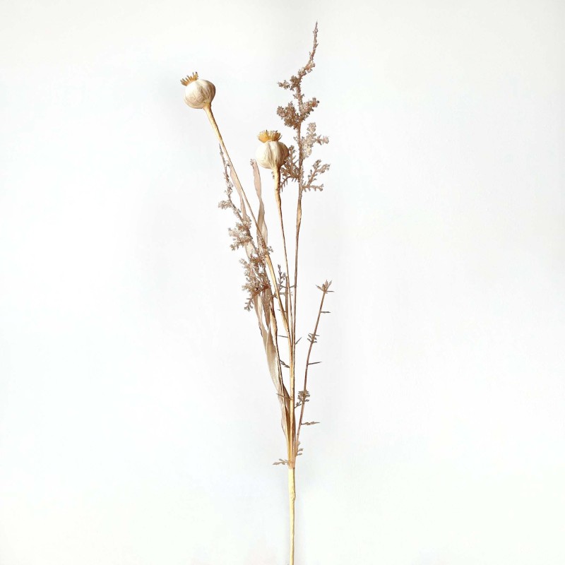 Artificial branch of dried poppy with 2 berries h45 cm