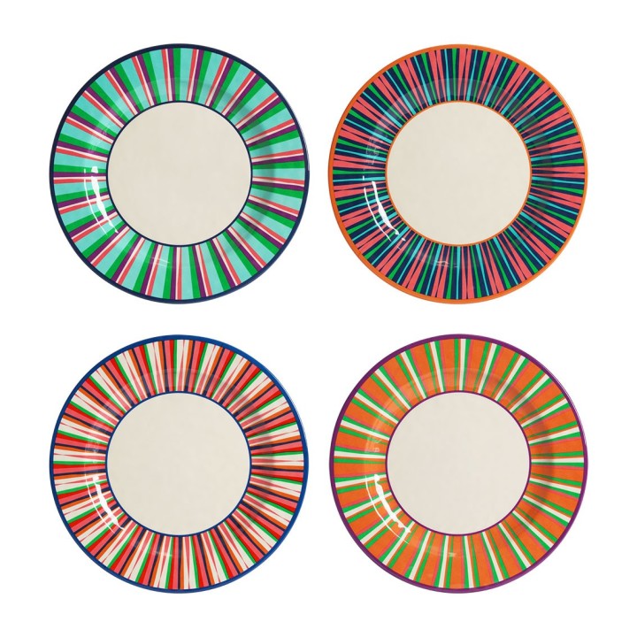 Lot de 4 assiettes plates en melamine pop stripes coloris assortis