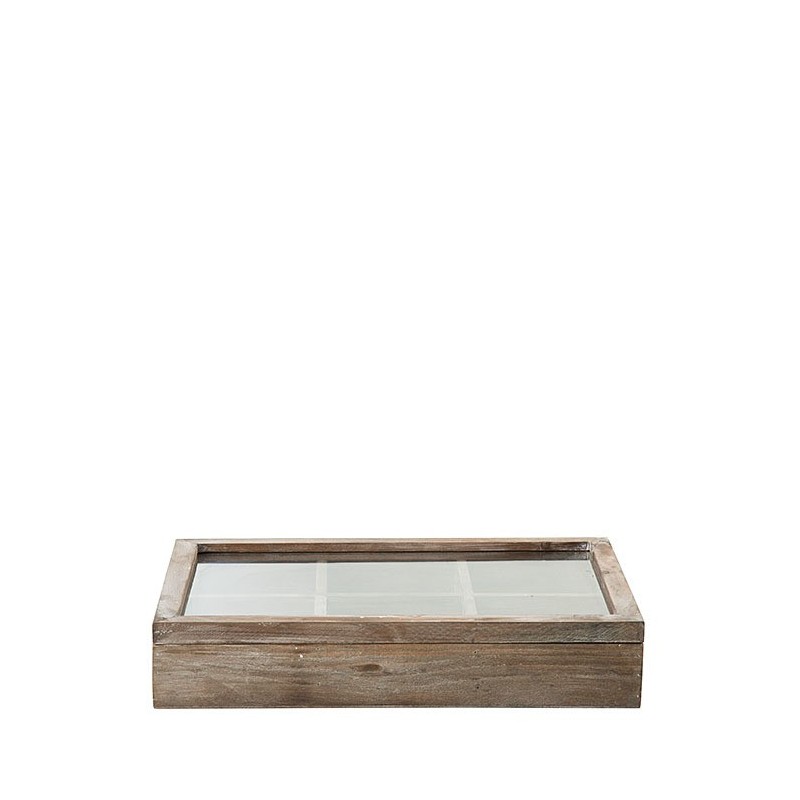 Boite en bois 6 compartements et couvercle en verre 38 x 25 h7 cm