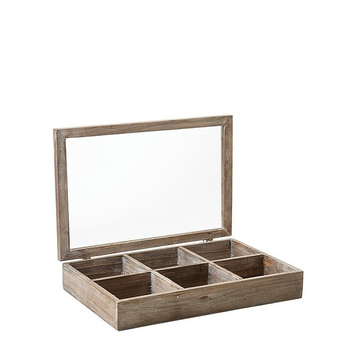 Wooden box 6 compartments with glass cover 38 x 25 h7 cm