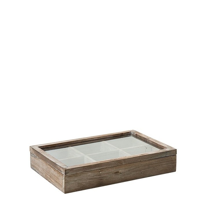 Boite en bois 6 compartements et couvercle en verre 38 x 25 h7 cm