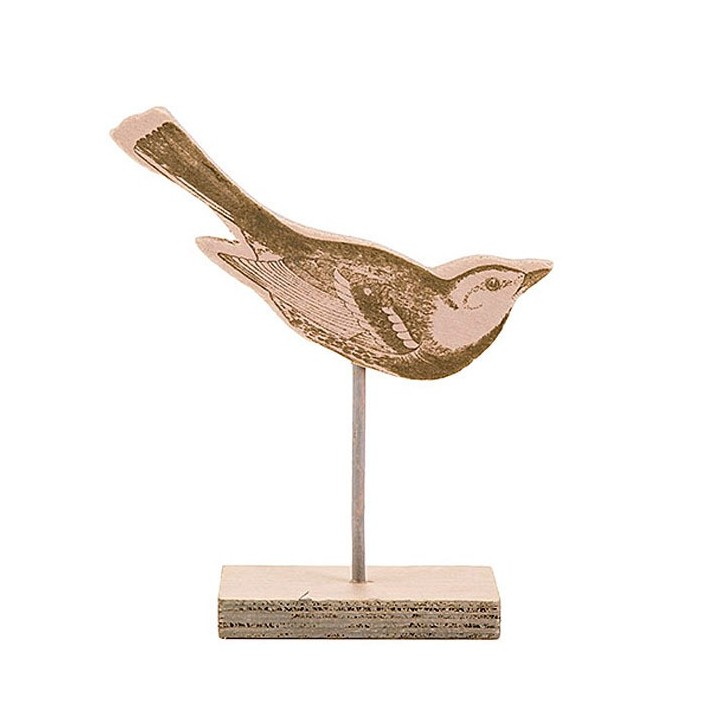 Petit oiseau sur socle en bois imprimé h 15 cm.