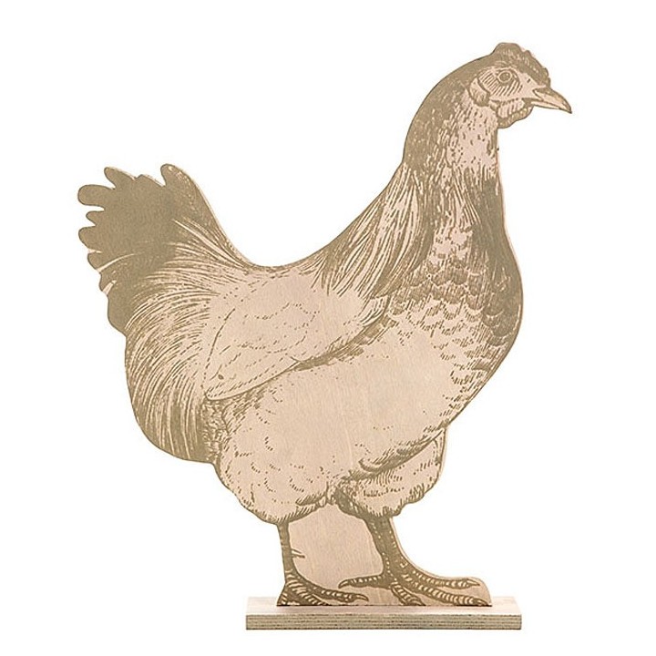 Poule décorative en bois imprimé h 46 cm, sur socle