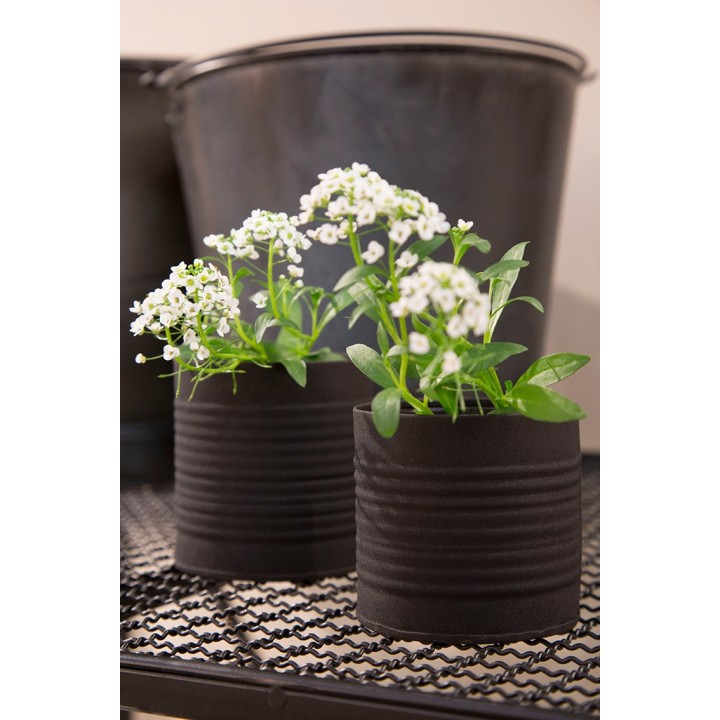 Pot noir en fer-blanc rayures horizontales et verre d7 h7 cm