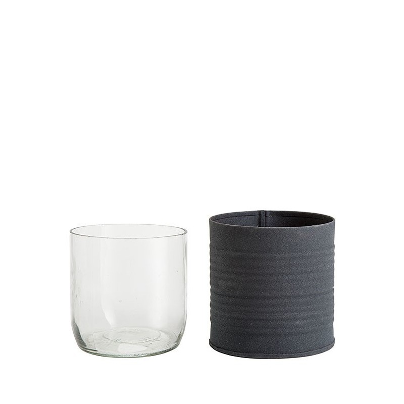 Pot noir en fer-blanc rayures horizontales et verre d8 h8 cm