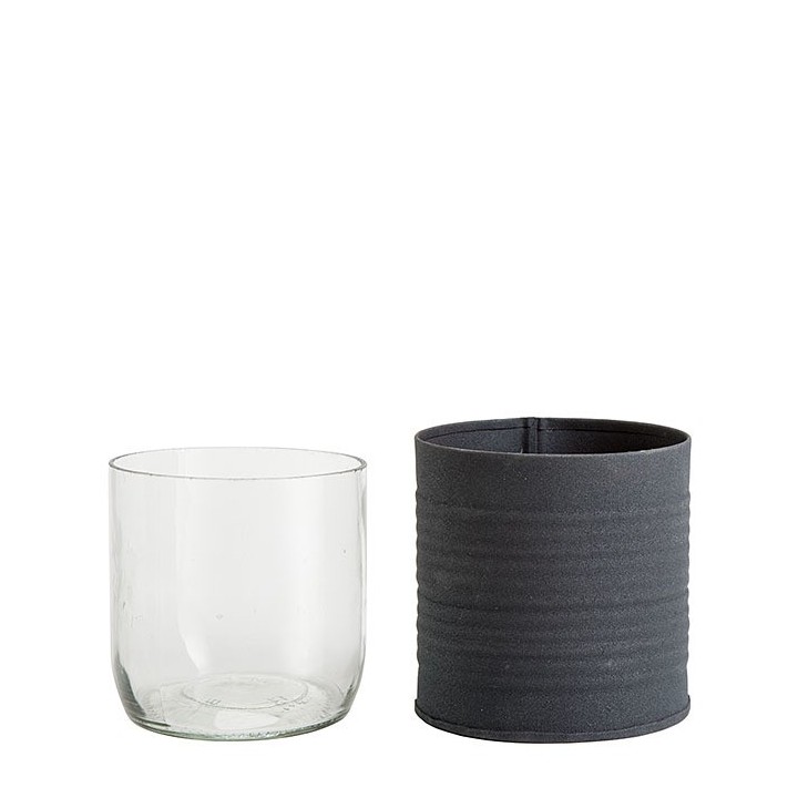 Dark matt tin jar with horizontal stripes and glass d8 h8 cm