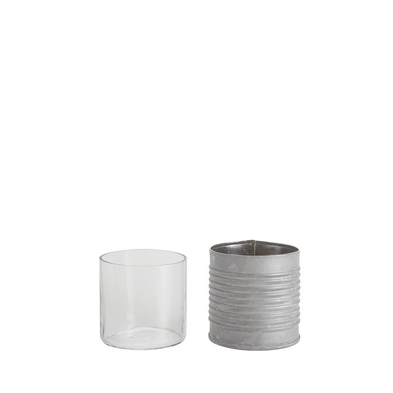 Pot en fer-blanc avec rayures horizontales et verre d7 h7 cm