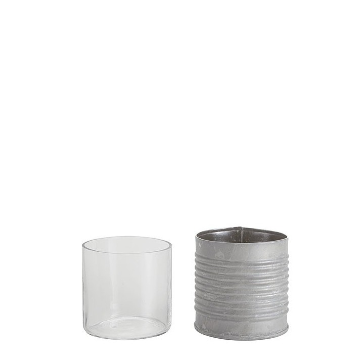 Pot en fer-blanc avec rayures horizontales et verre d7 h7 cm