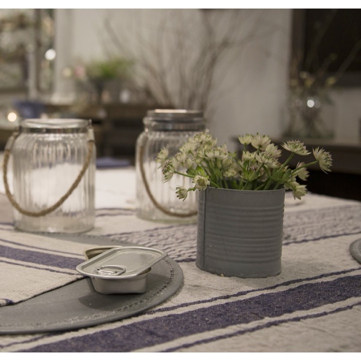 Pot en fer-blanc avec rayures horizontales et verre d7 h7 cm