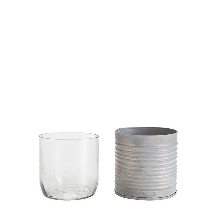 Tin jar with horizontal stripes and glass d8 h8 cm