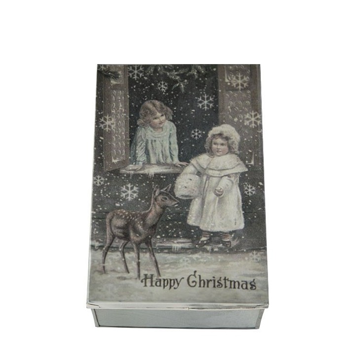 Box vintage in latta con bimbi e cerbiatto 21 x 32 h12 cm