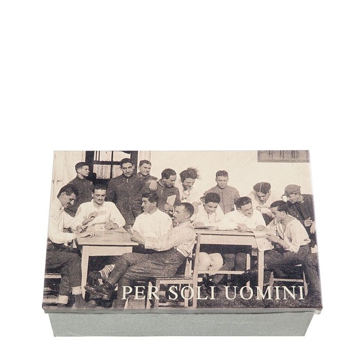 Boite en fer-blanc inscription "per soli uomini" 21 x 32 h12 cm