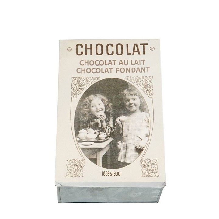 Box in latta foto ovale 2 bimbe e scritta chocolat 21 x 32 h12 cm
