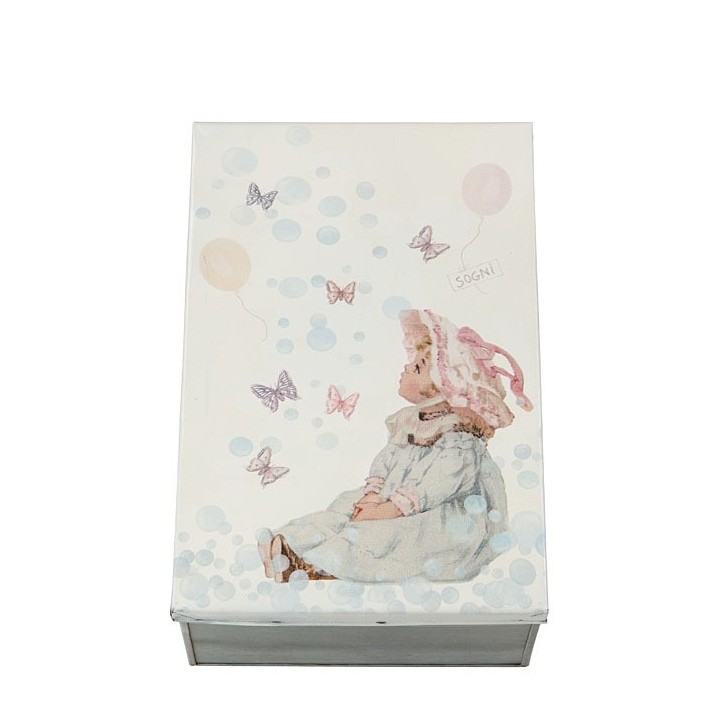 Tin box with little girl and bubbles