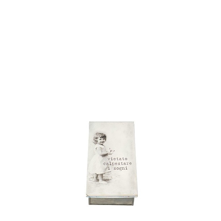 Tin box with little girl, butterfly and inscription