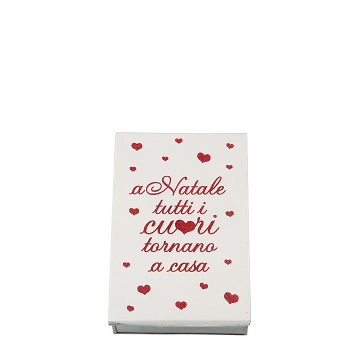 Boite en fer-blanc avec petits coeurs rouges brillantes ecrit"a natale tutti i cuori" 16x24 h7 cm