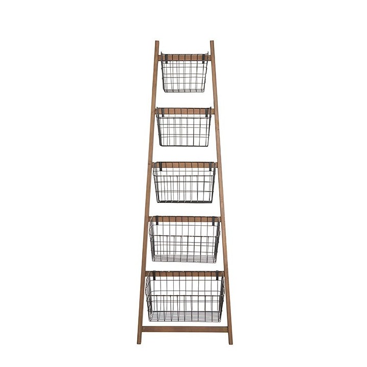 Echelle d'exposition en bois naturel avec 5 paniers en fer fonce  h187 cm