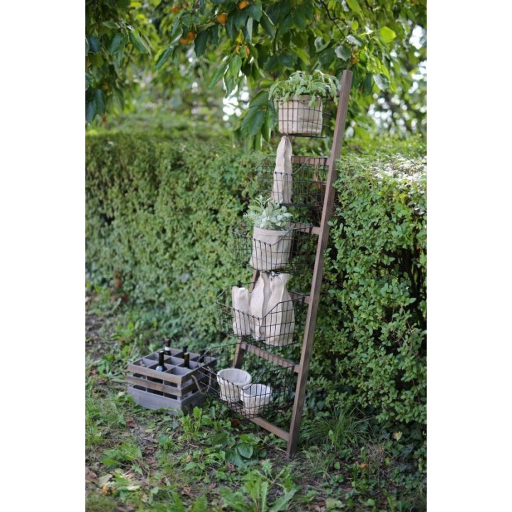 Natural wooden ladder with 5 dark iron baskets h187 cm