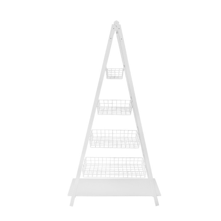 White wooden tree ladder with 4 white iron baskets 100 x 41 h188 cm