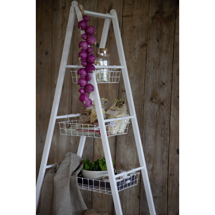 White wooden tree ladder with 4 white iron baskets 100 x 41 h188 cm