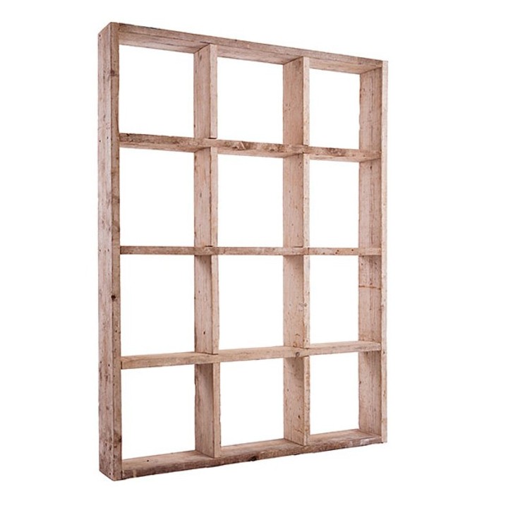 Raw plank shelf with 12 compartments 180 x 24 h240 cm