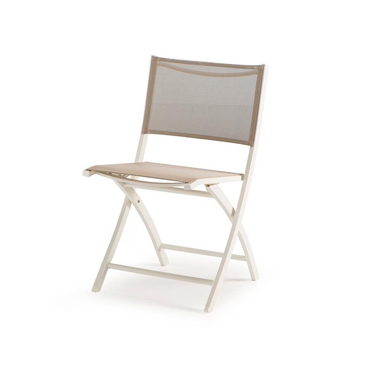 Chaise pliable blanche avec tissu couleur lin (pour l'exterieur) h86 cm