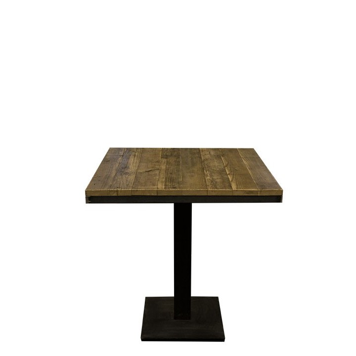Wooden table with varnished surface and single iron leg 75 x 75 h74 cm