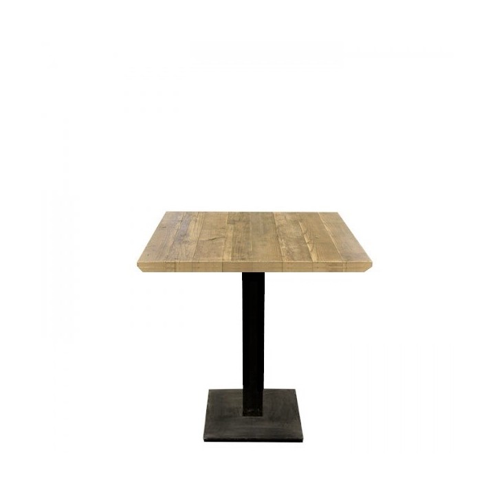 One centered iron leg with raw plank varnished table 75 x 75 h74 cm