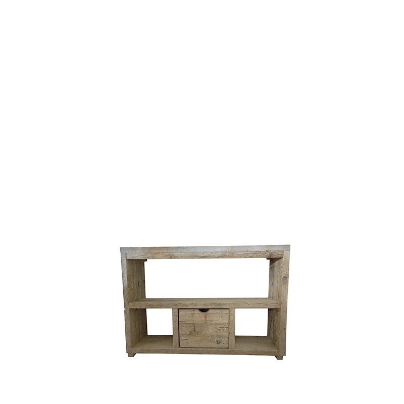 Console en bois brut avec 3 etageres et tiroir 130 x 40 h90 cm