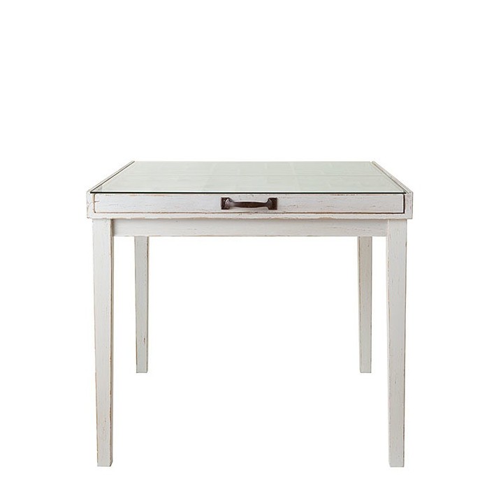 Expositive white wooden table with glass top 90.5 x 84.5 h78.5 cm