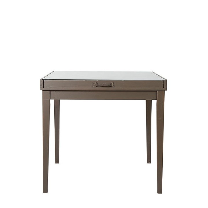 Expositive natural wooden table with glass on top 90.5 x 84.5 h78.5 cm