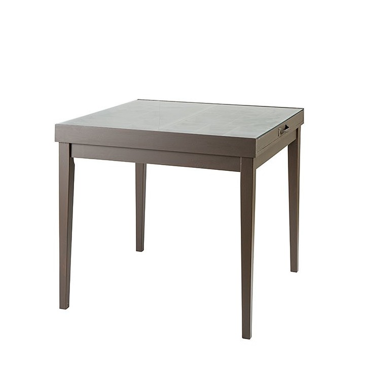 Expositive natural wooden table with glass on top 90.5 x 84.5 h78.5 cm