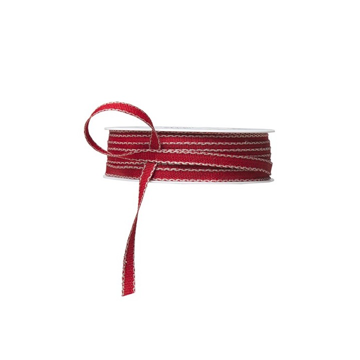 Red ribbon with linen color edge 30m x 0,7cm