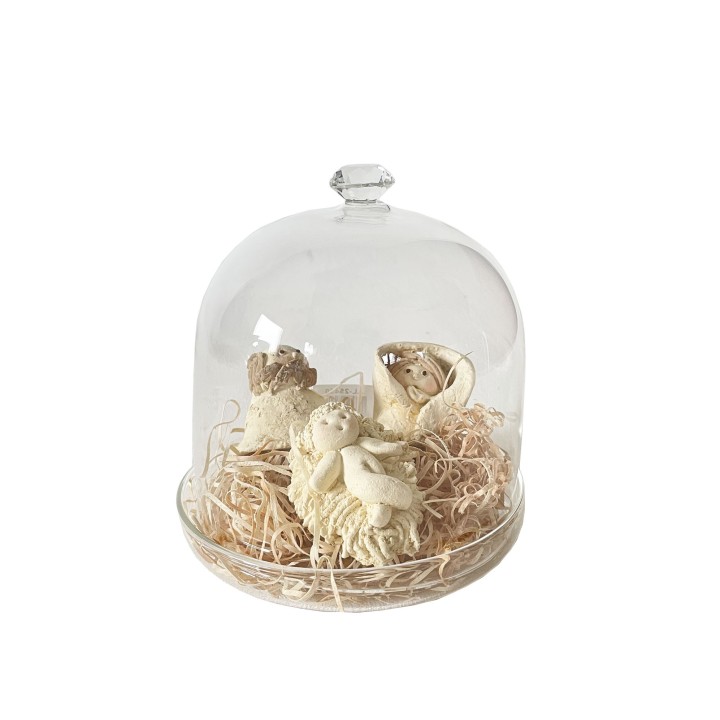 Creche en resin dans cloche en verre avec base et foins