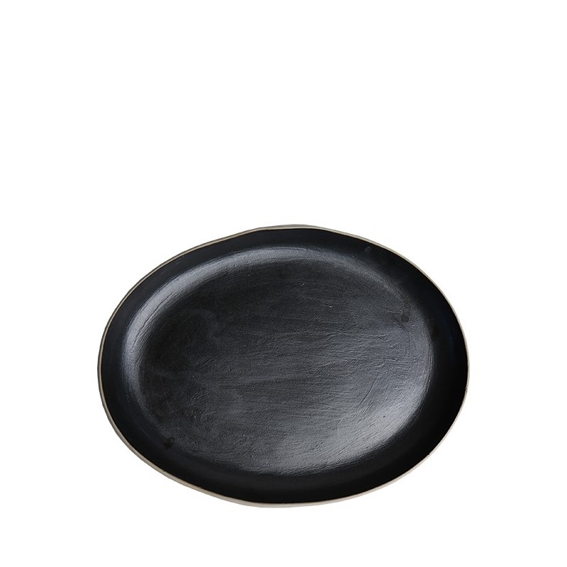Flat oval black gres plate with natural edge 21 x 28 cm